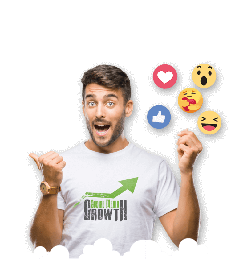 Model wearing the social media growth t-shirt and social media emojis